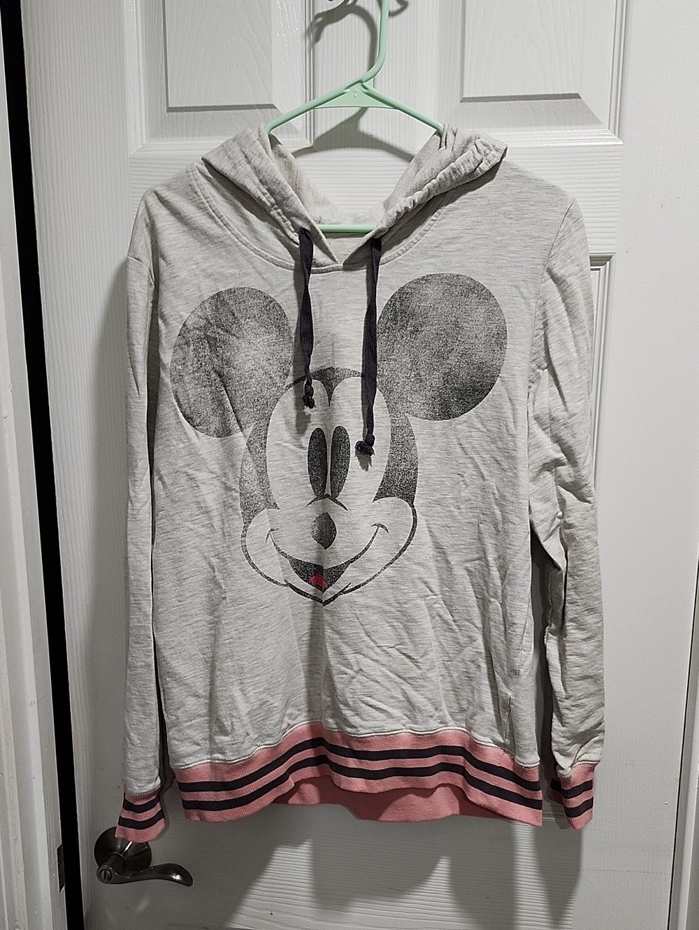 Disney Light Gray Mickey Mouse Pullover Hoodie with Pink Trim